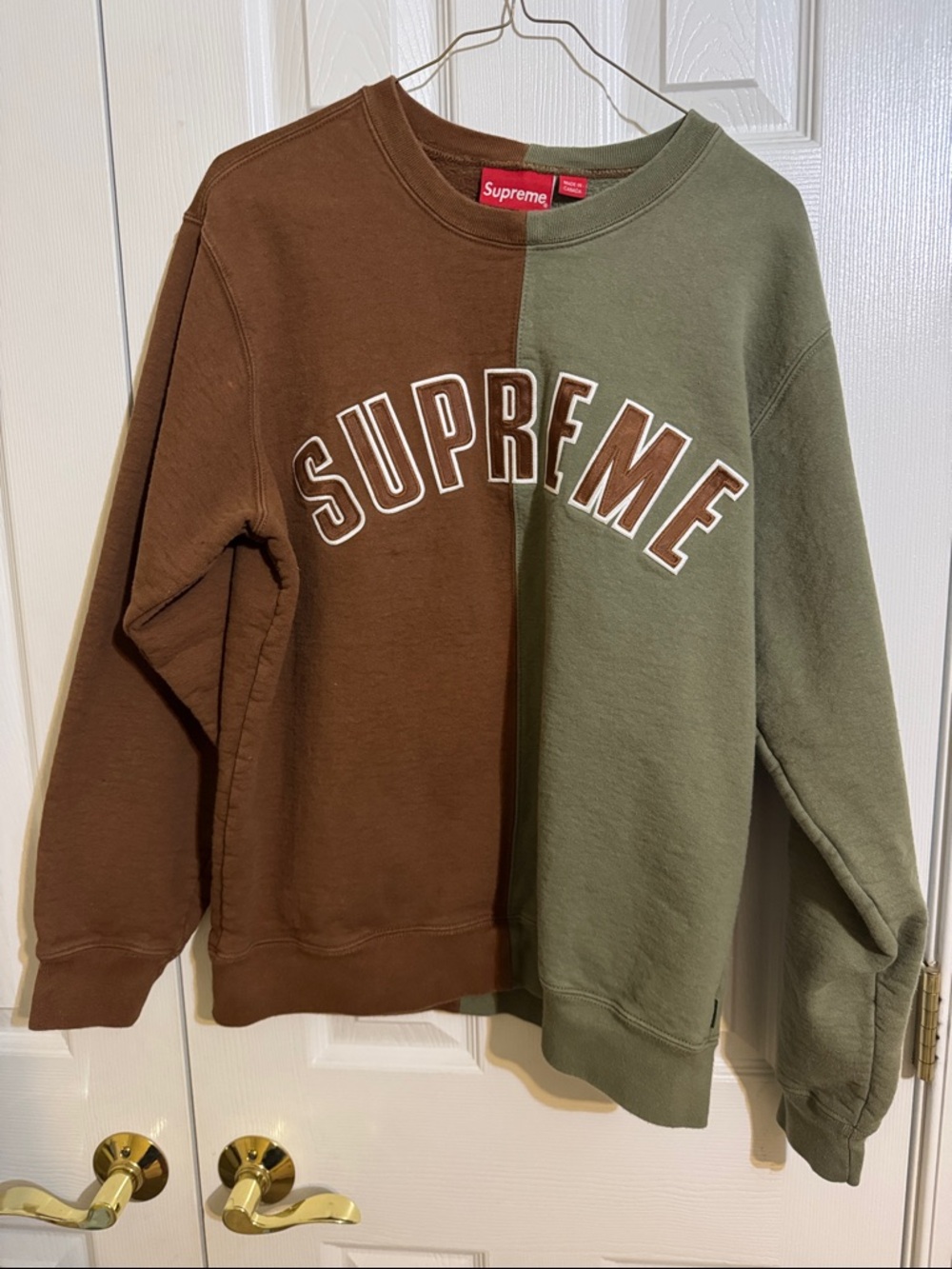 Supreme Split Crewneck Sweatshirt in Brown and Olive